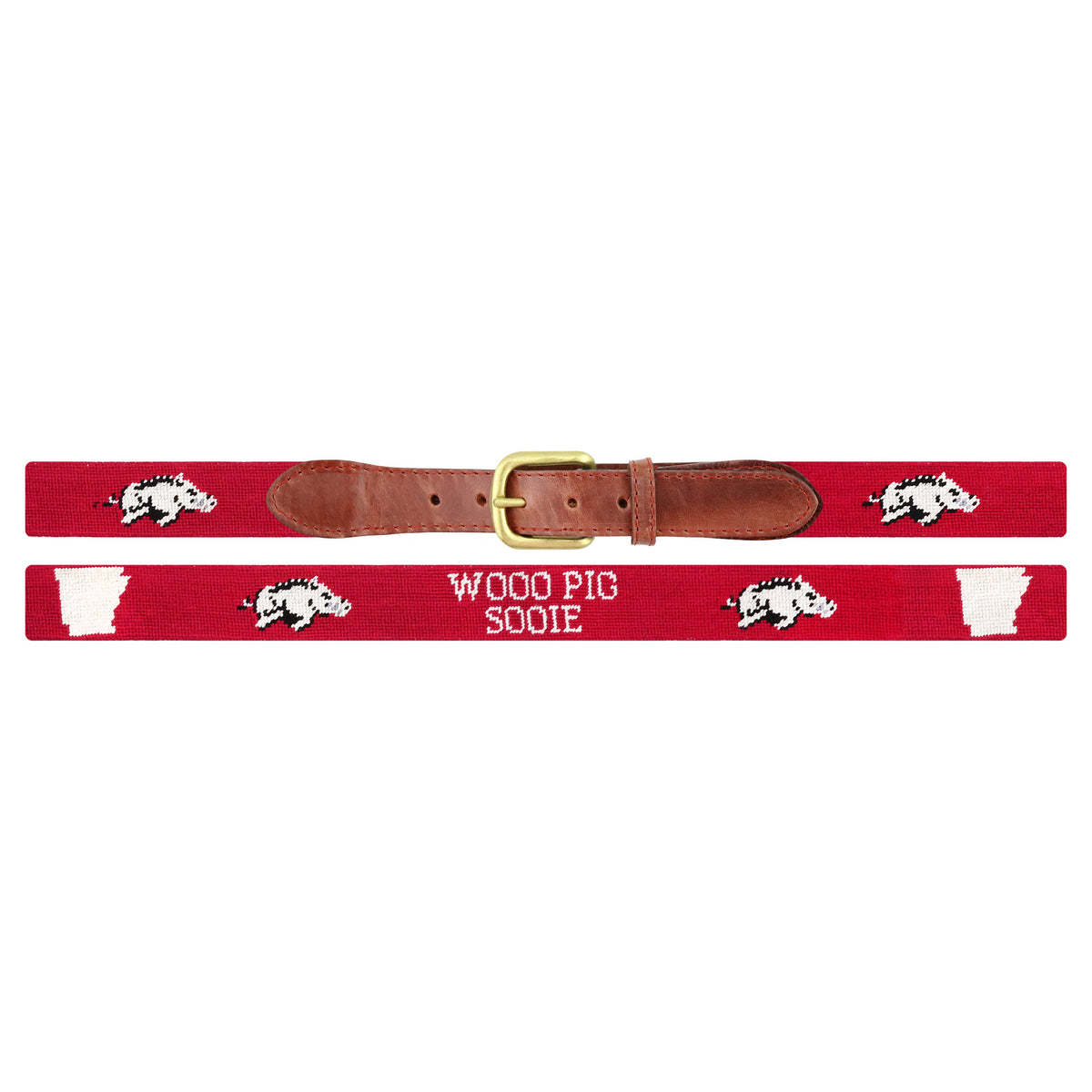 Arkansas Logo-AR Map-Wooo Pig Sooie Text Centered Belt (Cranberry) (Final Sale)