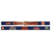 Flat view of Needlepoint Monogrammed Auburn Life Belt Dark Navy with brown leather trim and a brass buckle