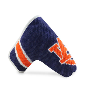 Auburn Putter Headcover (Dark Navy - White-Orange Multi Stripes) (White Leather)