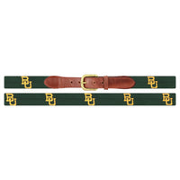 Flat view of Needlepoint Monogrammed Baylor Belt Dark Pine with brown leather trim and a brass buckle