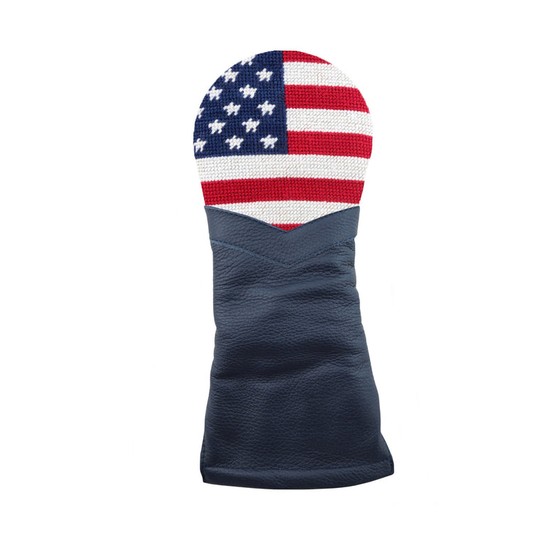 Indigo golf headcover featuring a big american flag needlepoint top