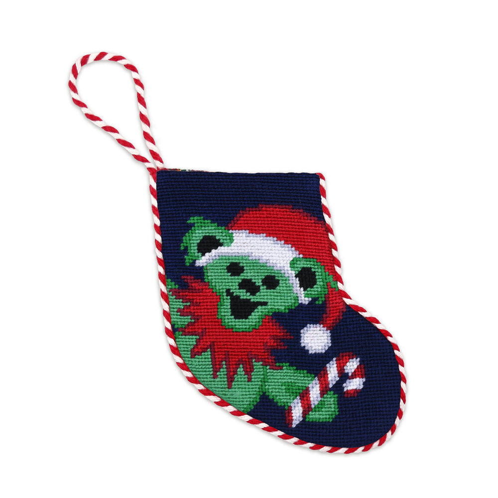 Big Santa Dancing Bear Stocking Ornament (Dark Navy) (Red-White Cord)