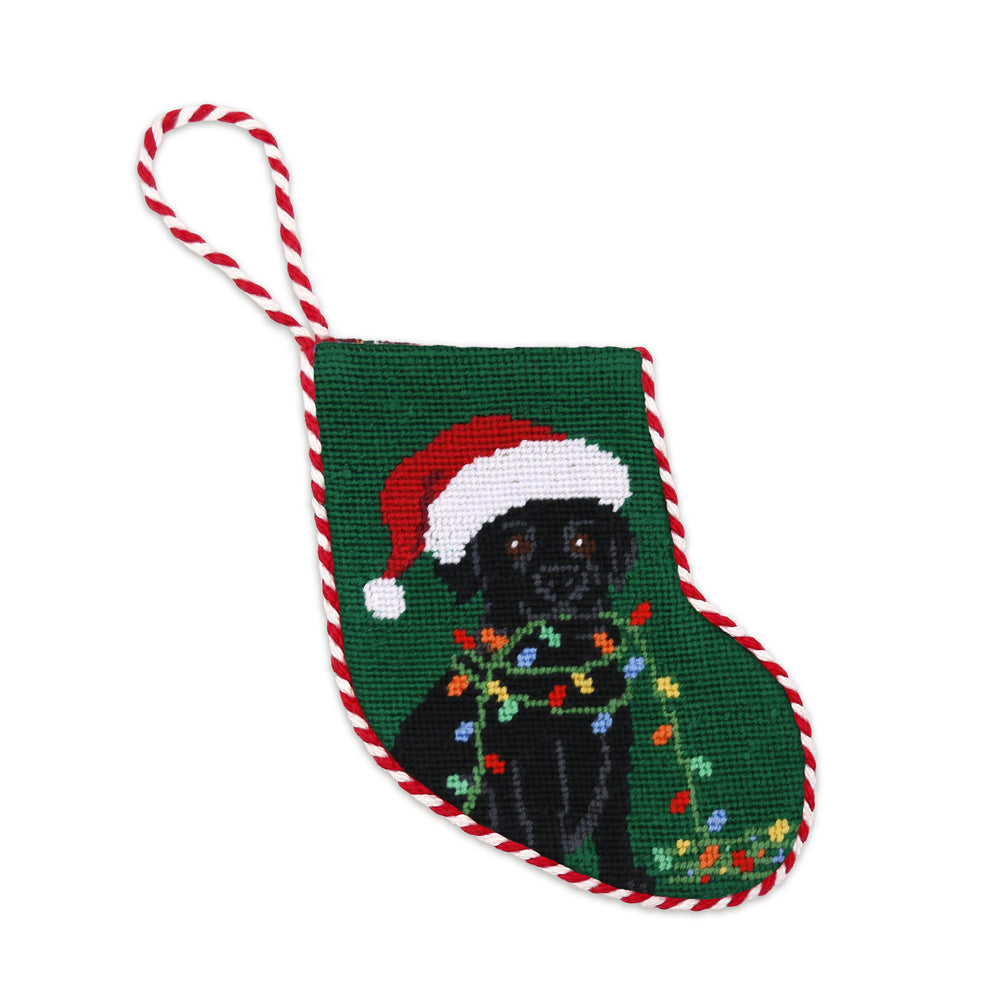 Black Lab Christmas Lights Stocking Ornament (Emerald) (Red-White Cord)