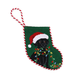 Black Lab Christmas Lights Stocking Ornament (Emerald) (Red-White Cord)