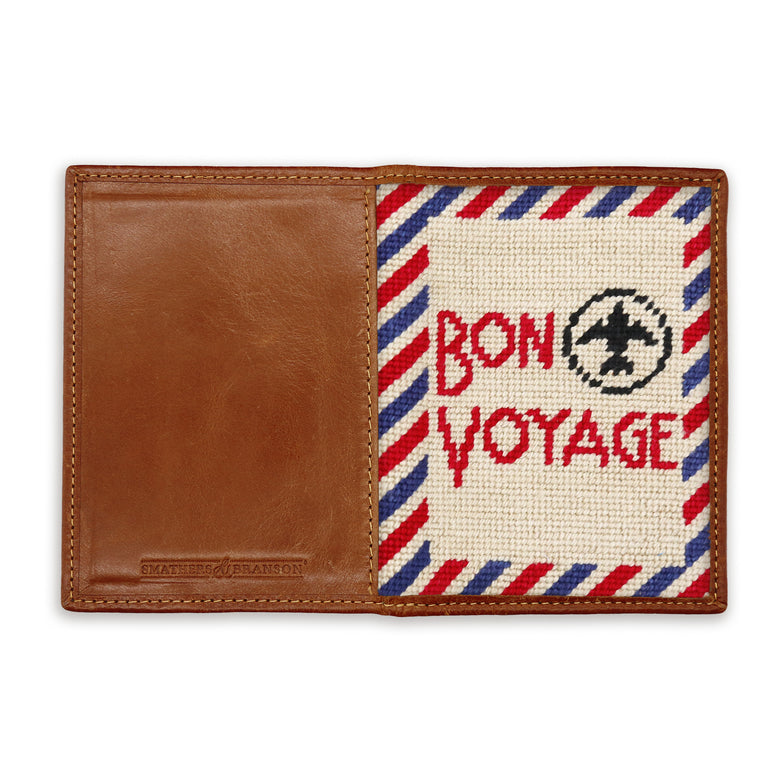 Back view of the Bon Voyage needlepoint passport case showing the stitched design and smooth leather finish