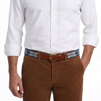 Model wearing Smathers and Branson Brown Corduroy Pants with Buenos Aires needlepoint pattern