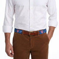 Model wearing Smathers and Branson Brown Corduroy Pants with Ham and Egging needlepoint pattern