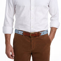 Model wearing Smathers and Branson Brown Corduroy Pants with Pond Hockey needlepoint pattern