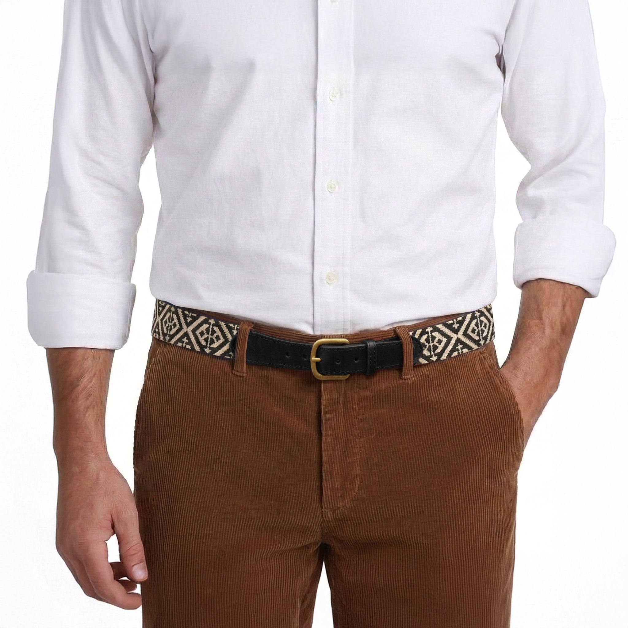 Model wearing Smathers and Branson Brown Corduroy Pants with Scarsdale Black Leather needlepoint pattern