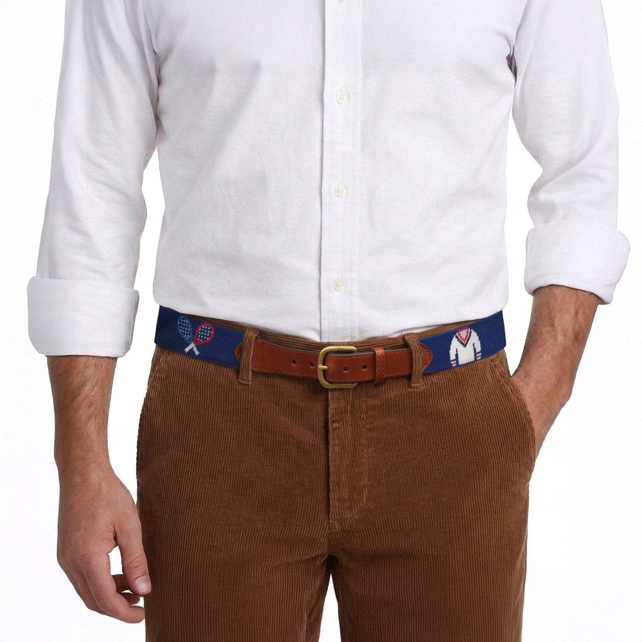 Model wearing Smathers and Branson Brown Corduroy Pants with Tennis Life needlepoint pattern