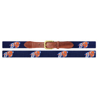 Flat view of Needlepoint Monogrammed Bucknell Belt Dark Navy with brown leather trim and a brass buckle