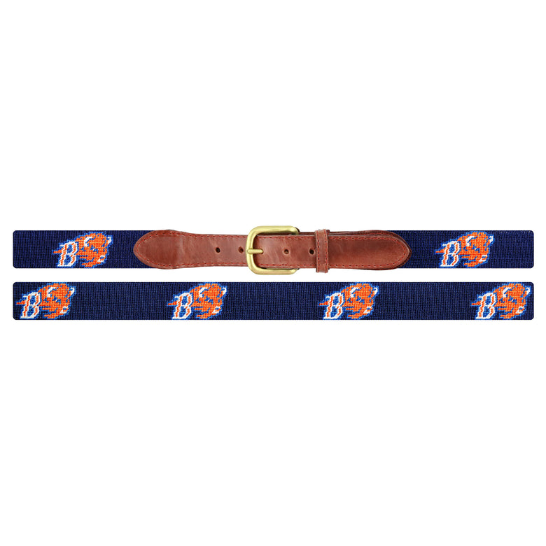 Flat view of Needlepoint Monogrammed Bucknell Belt Dark Navy with brown leather trim and a brass buckle