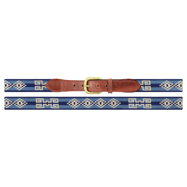 Flat view of Needlepoint Buenos Aires Belt with brown leather trim and a brass buckle