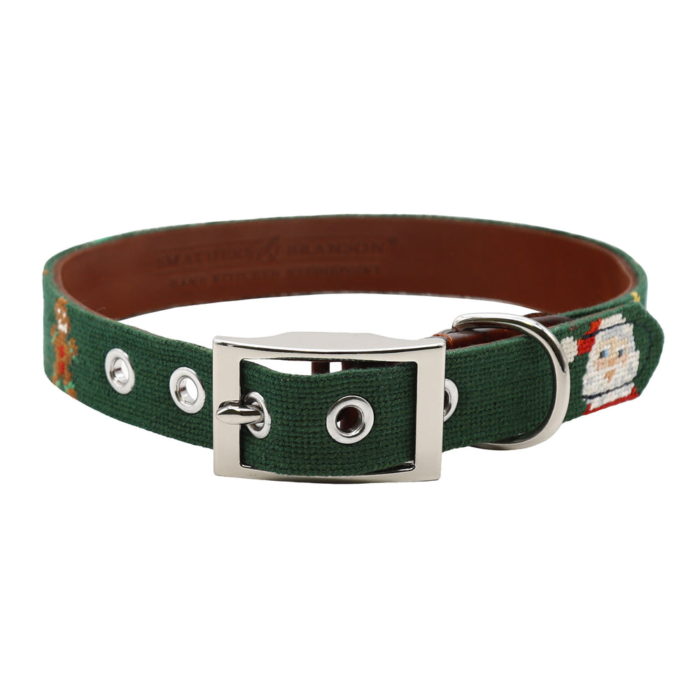 Green dog collar with a silver buckle on a white background