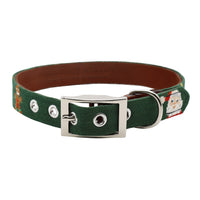 Green dog collar with a silver buckle on a white background