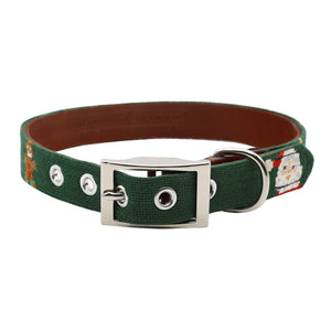 Green dog collar with a silver buckle on a white background