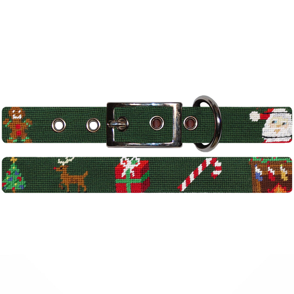 Christmas-themed dog collar with various holiday designs on a green background
