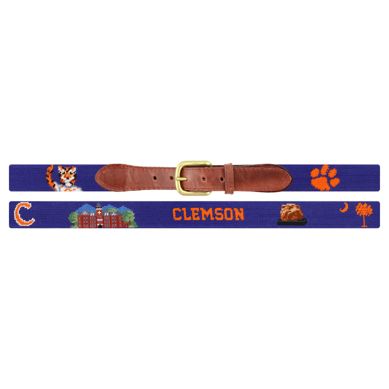 Flat view of Needlepoint Clemson Life Belt Purple with brown leather trim and a brass buckle