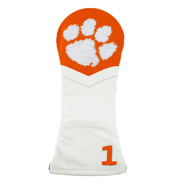 White golf headcover with Clemson logo with orange background