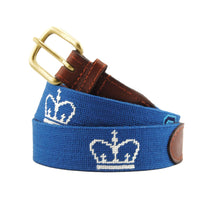 Monogrammed Columbia University Needlepoint Belt Blueberry coiled, with brown leather trim and a brass buckle