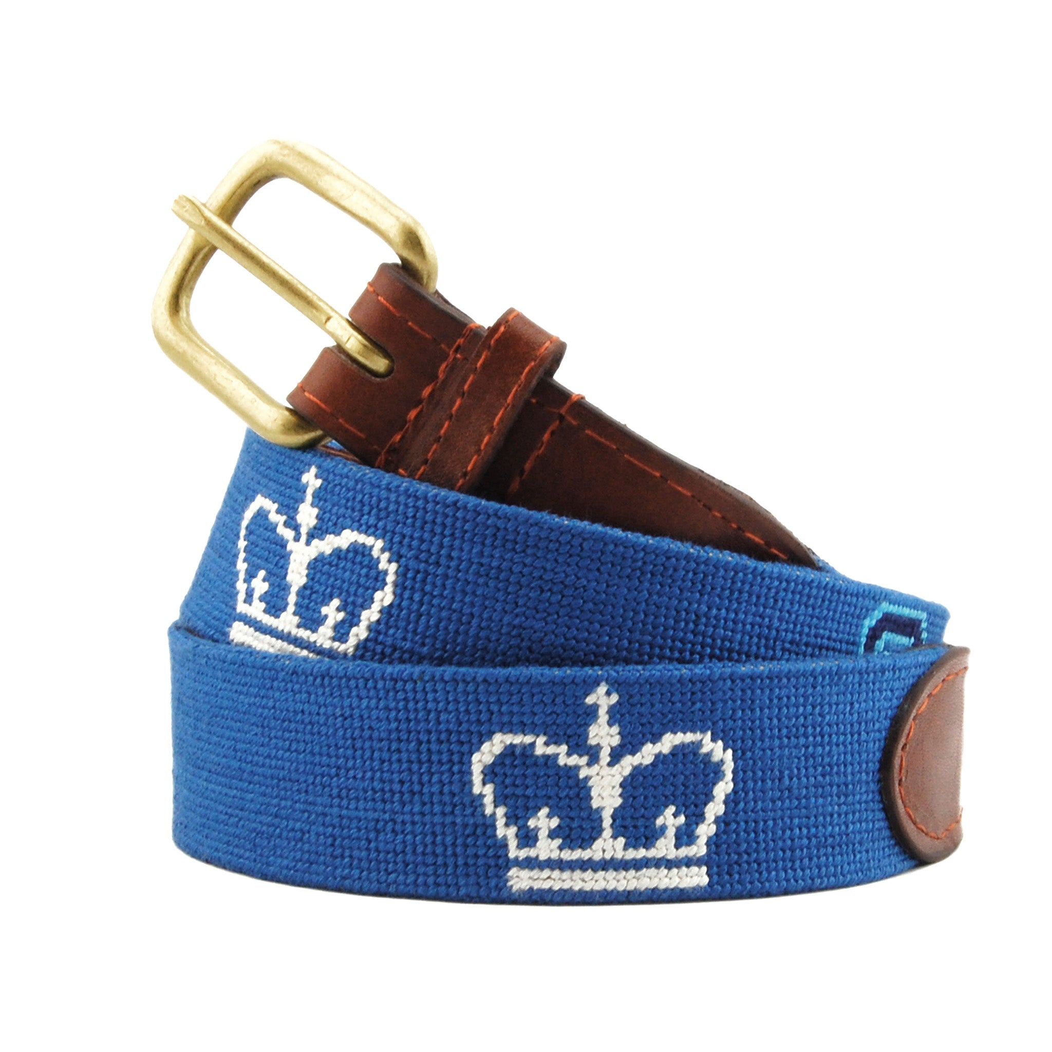 Monogrammed Columbia University Needlepoint Belt Blueberry coiled, with brown leather trim and a brass buckle
