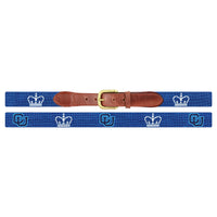 Flat view of Needlepoint Monogrammed Columbia University Belt Blueberry with brown leather trim and a brass buckle