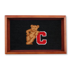 Decorative needlepoint with bear and red 'C' in a wooden frame on a white background