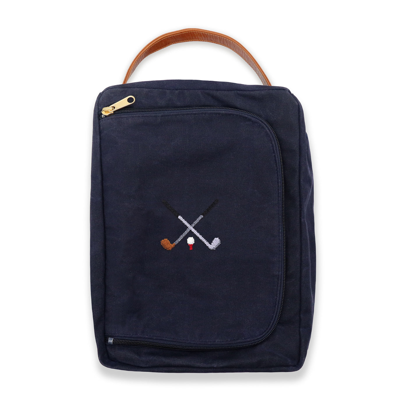 Needlepoint shoe bag featuring a crossed golf clubs stitched design on a waxed canvas