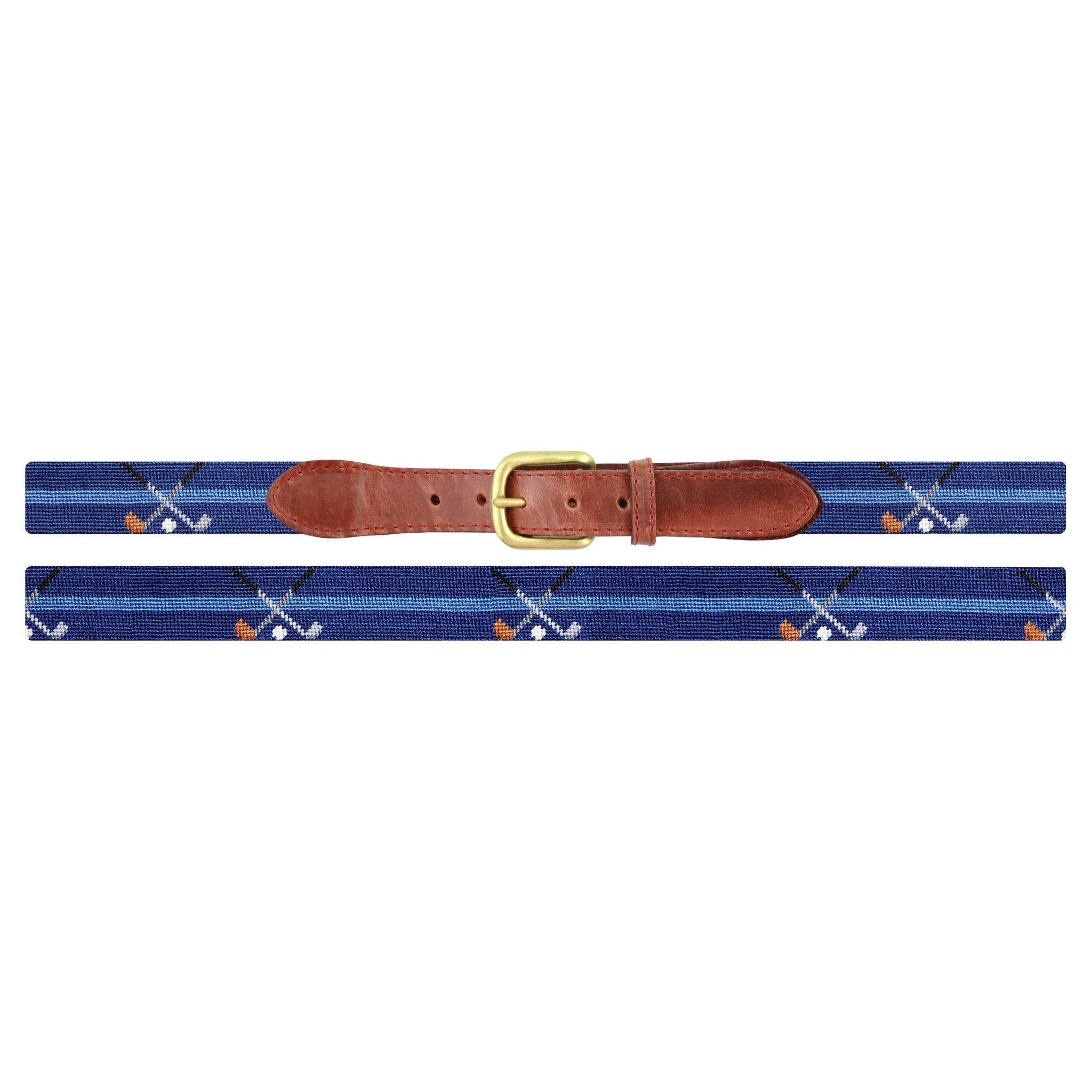 Flat view of Needlepoint Monogrammed Crossed Clubs Belt Classic Navy with brown leather trim and a brass buckle