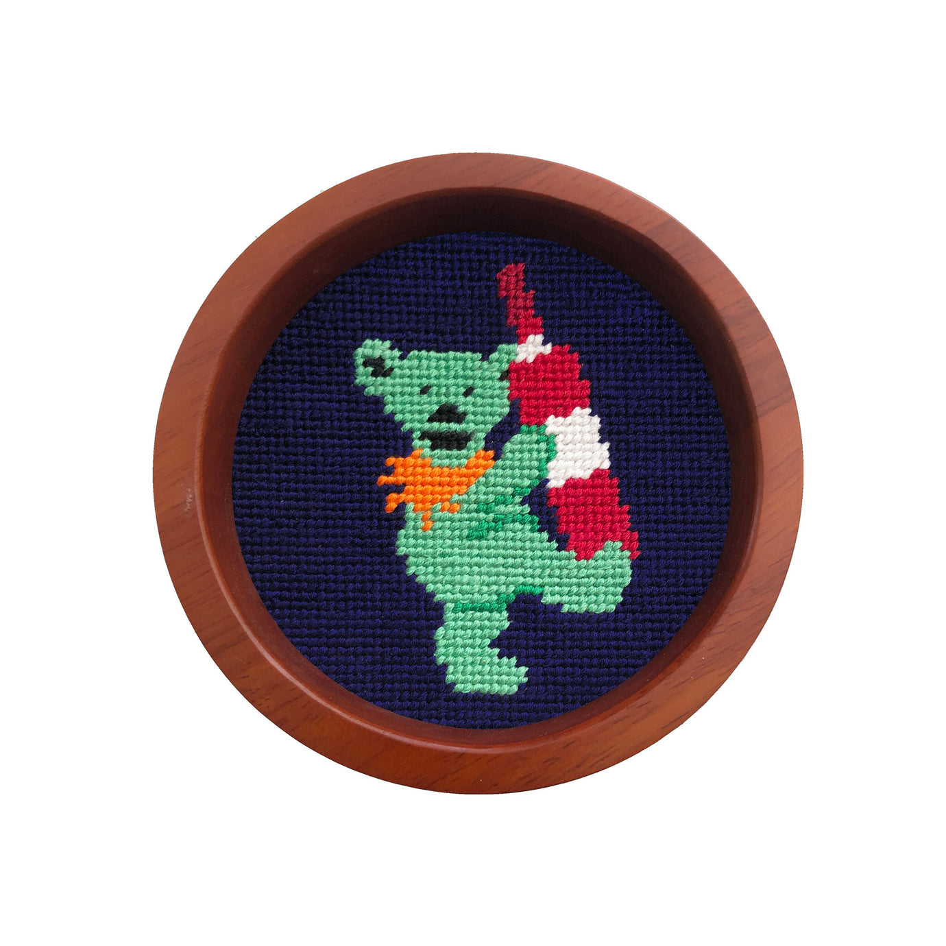 Round wooden wine bottle coaster featuring a red dancing bear needlepoint design.
