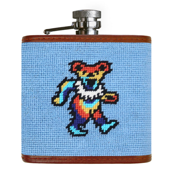 Dancing Bear Tie Dye light blue needlepoint flask with monogram on back