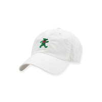 White cap with a green embroidered bear design on a white background