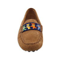 Shows the front profile of the pair highlighting the detailed needlepoint design and suede craftsmanship.