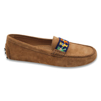 Side views show soft cognac suede detailing and a classic design