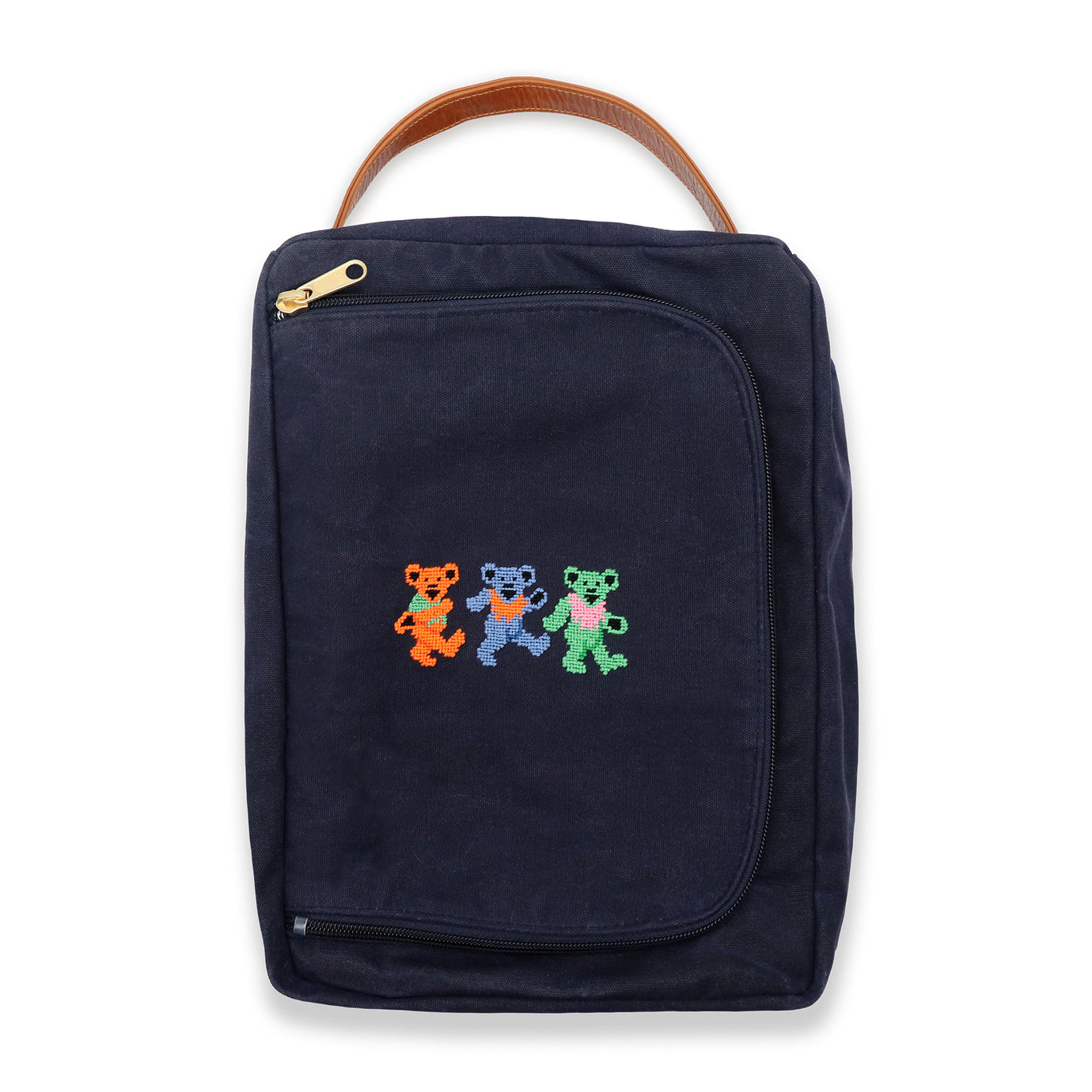 Needlepoint shoe bag featuring a colorful dancing bears stitched design on a waxed canvas