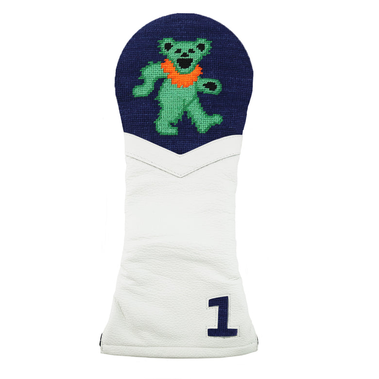 White golf headcover with Dancing bear top with dark navy background