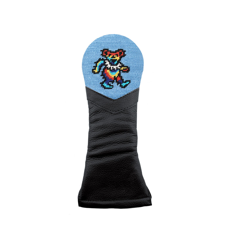Black golf headcover with Dacing bear top with light blue background