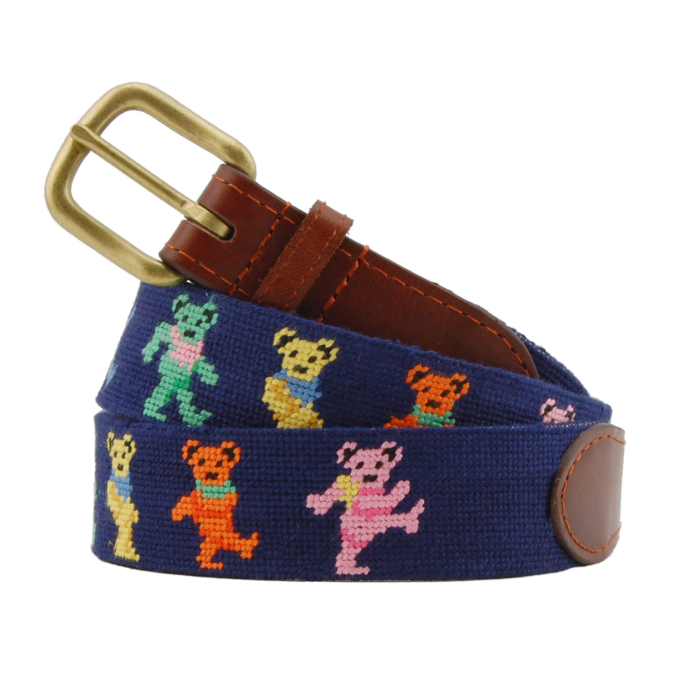 Monogrammed Dancing Bears Needlepoint Belt Dark Navy coiled, with brown leather trim and a brass buckle