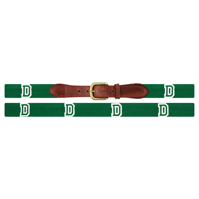 Flat view of Needlepoint Dartmouth Belt Emerald with brown leather trim and a brass buckle