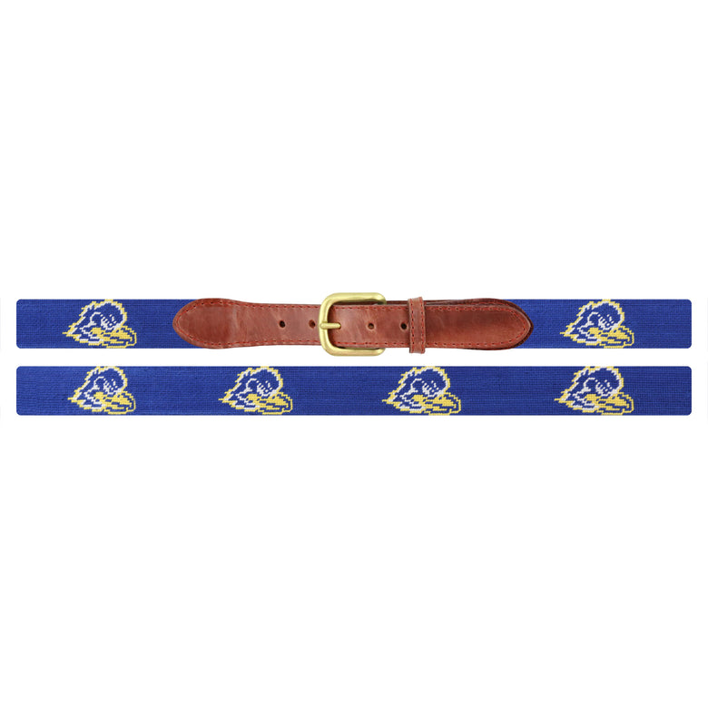 Flat view of Needlepoint University of Delaware Belt Dark Royal with brown leather trim and a brass buckle