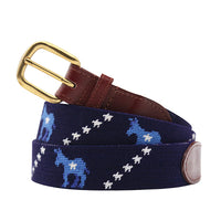 Navy belt with blue donkey and white star pattern, brass buckle, on a white background