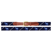 Navy belt with blue donkey pattern and brown leather strap on a white background
