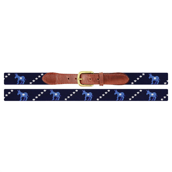 Navy belt with blue donkey pattern and brown leather strap on a white background
