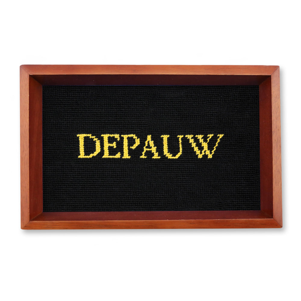 Wooden frame with 'DEPAUW' embroidered on black fabric