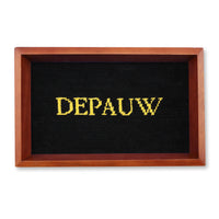 Wooden frame with 'DEPAUW' embroidered on black fabric