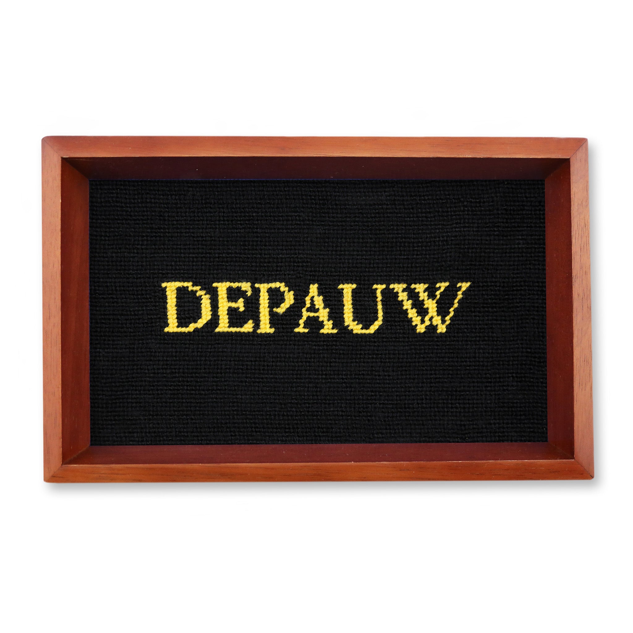 Wooden frame with 'DEPAUW' embroidered on black fabric