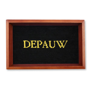 Wooden frame with 'DEPAUW' embroidered on black fabric