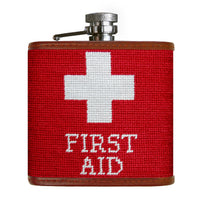First aid red needlepoint flask with monogram on back