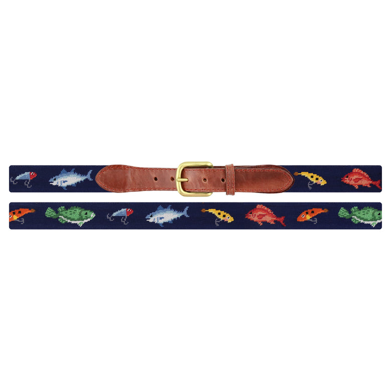 Flat view of Needlepoint Monogrammed Fish and Tackle Belt Dark Navy with brown leather trim and a brass buckle
