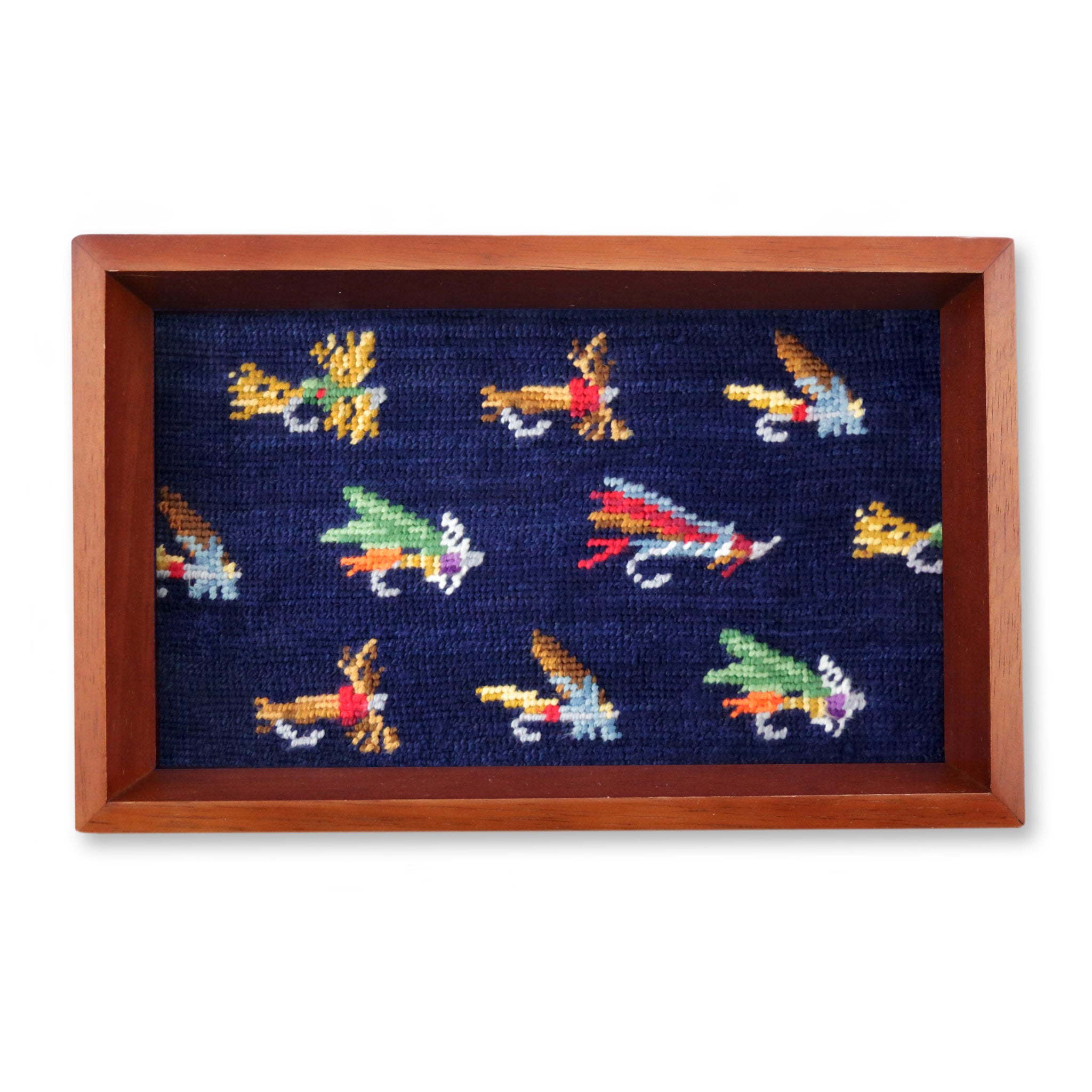 Fishing Flies Pattern Valet Tray (Dark Navy) (Chestnut Wood)